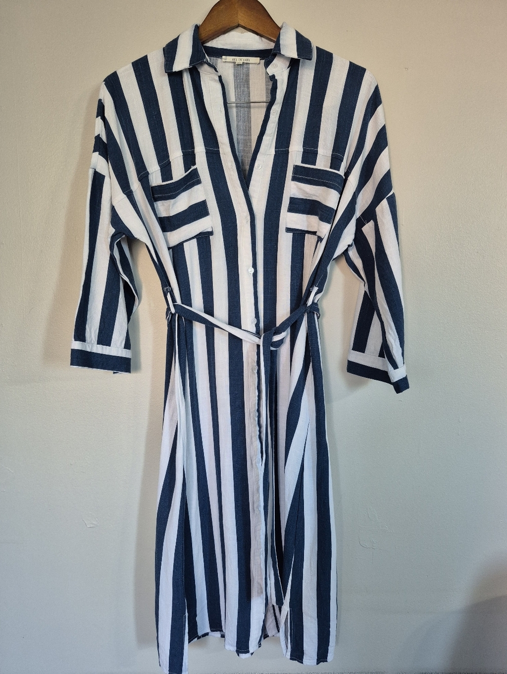Abel The Label Anthro Linen Blend Navy White Striped Midi Shirt Dress Tie XS